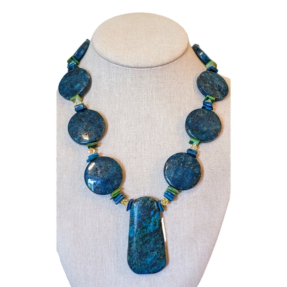 Chunky Heavy Blue Green Stone W/ Silver Toggle Clasp 20" Necklace
